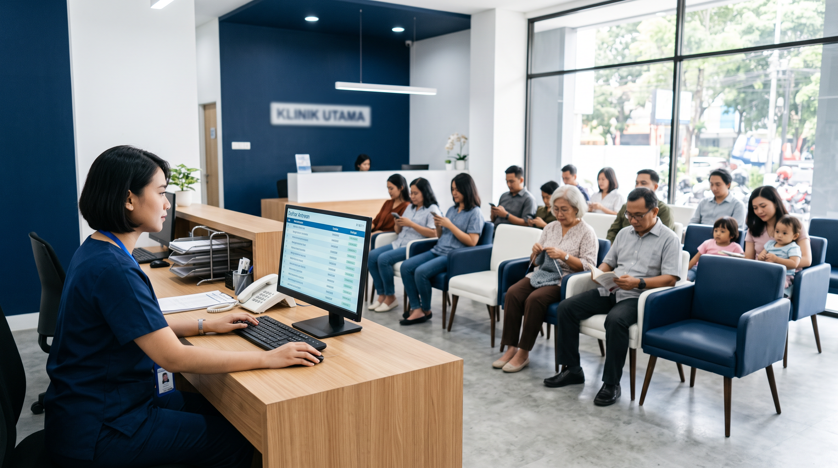 Admin front office klinik memeriksa layar antrean klinik ramai yang terhubung dengan notifikasi WhatsApp pasien.