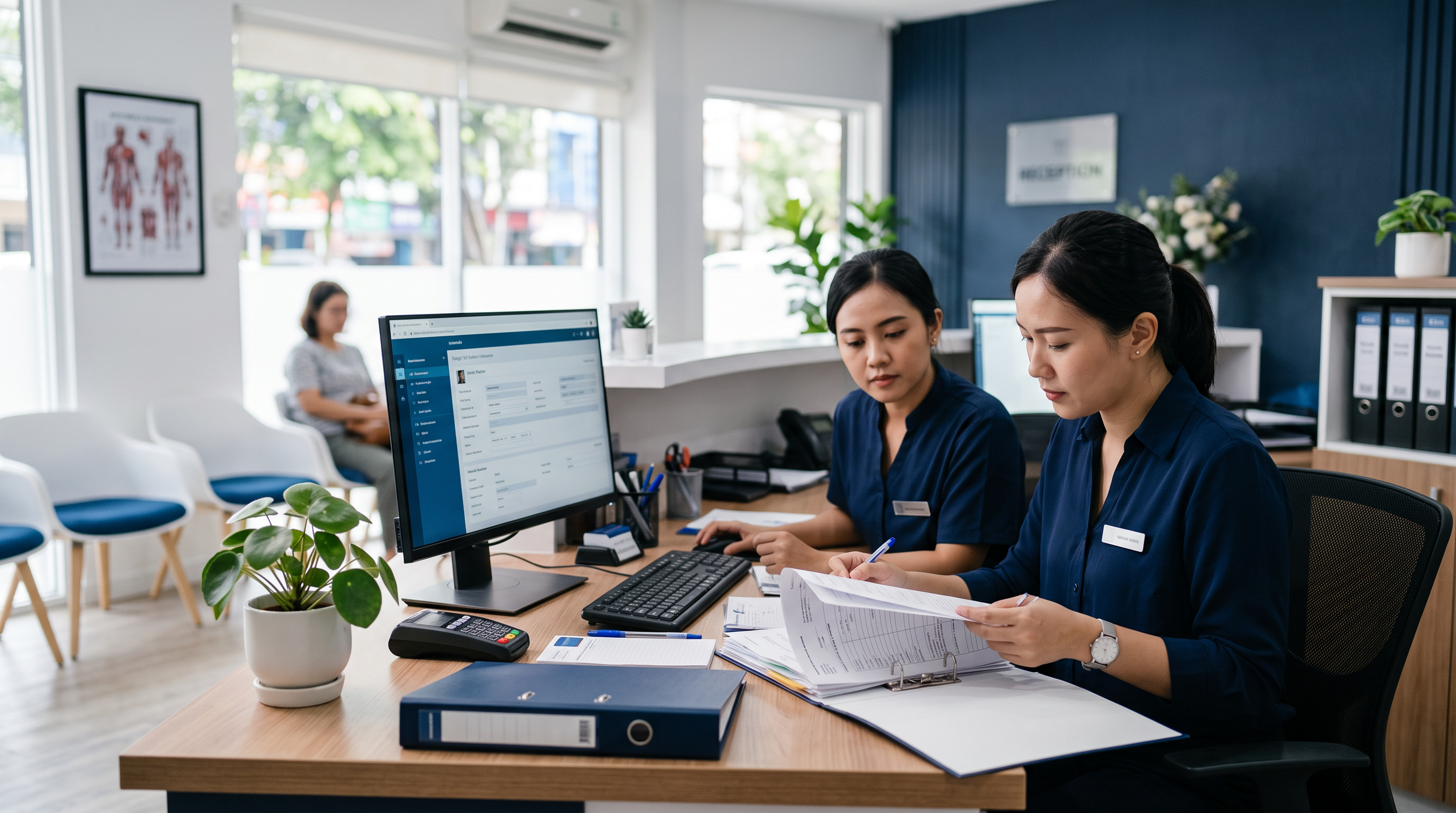 Staf klinik meninjau checklist peralihan rekam medis kertas ke digital di meja front office.