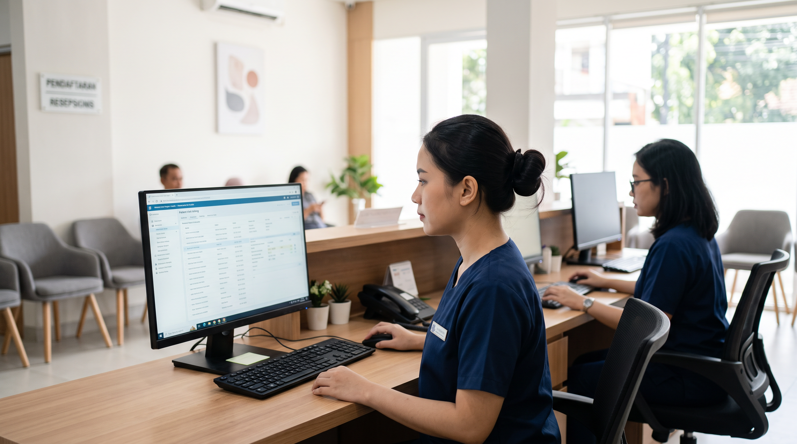 Staf klinik membuka rekam medis digital untuk kunjungan kontrol di layar komputer front office.