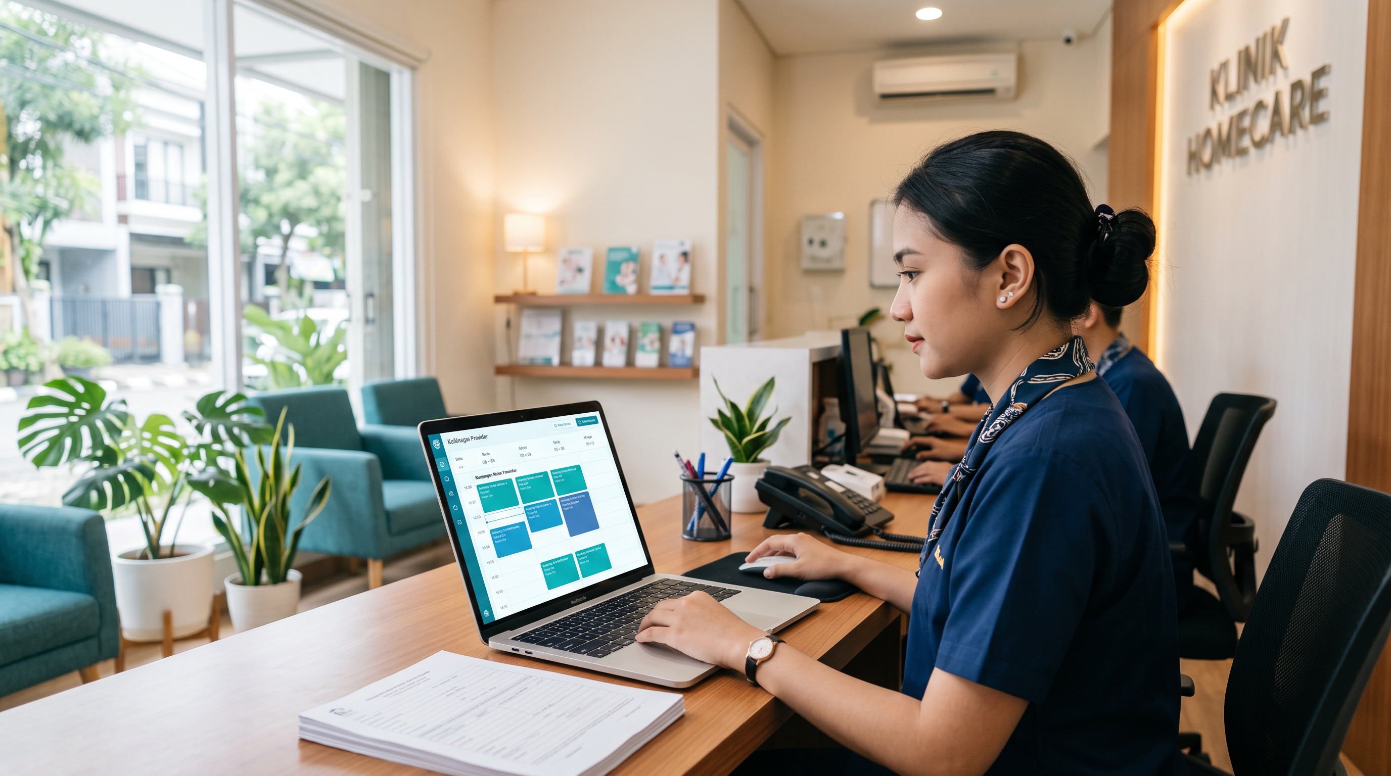 Admin klinik homecare menggunakan software manajemen homecare di laptop untuk mengatur jadwal nakes freelance